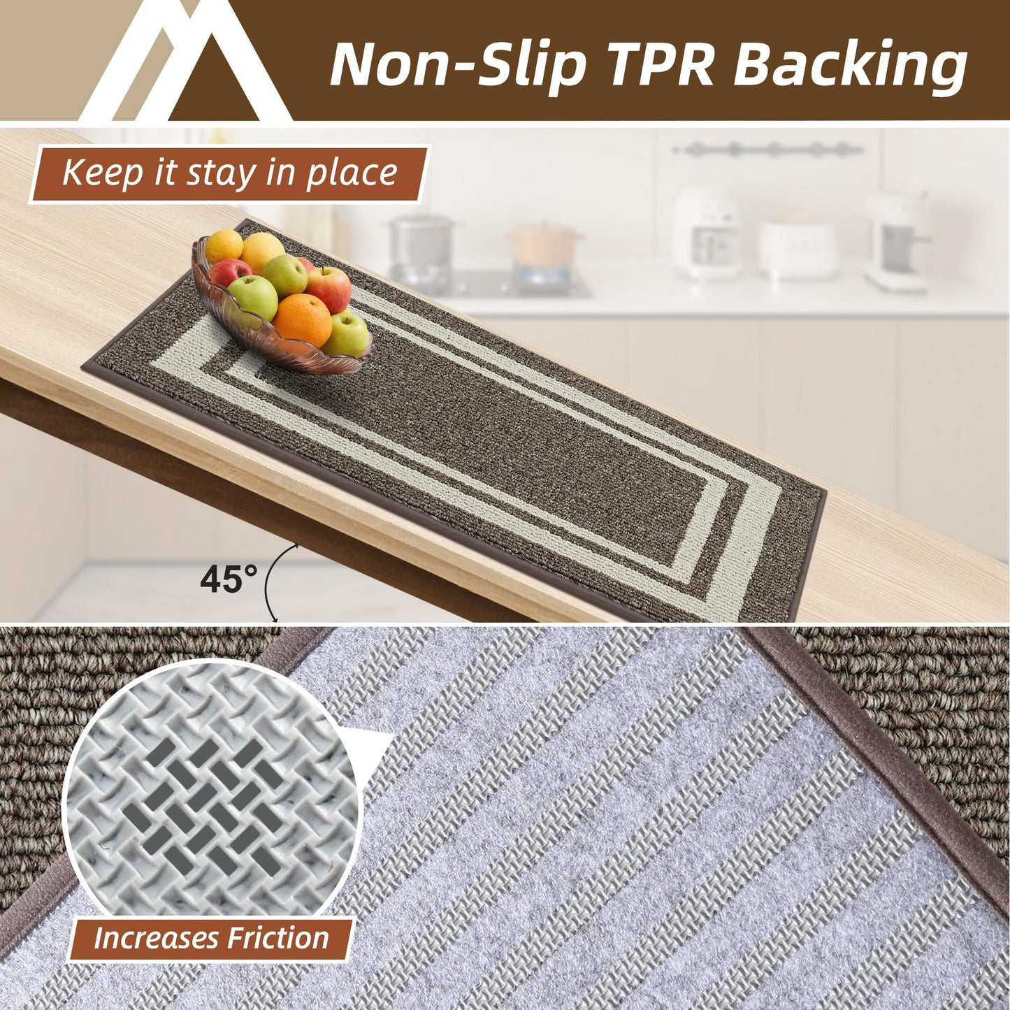 COSY HOMEER Kitchen Rugs Non-Slip 24x35/24x60 Inch Thick Polypropylene Standing Mat for Home Machine Washable, Brown Frame