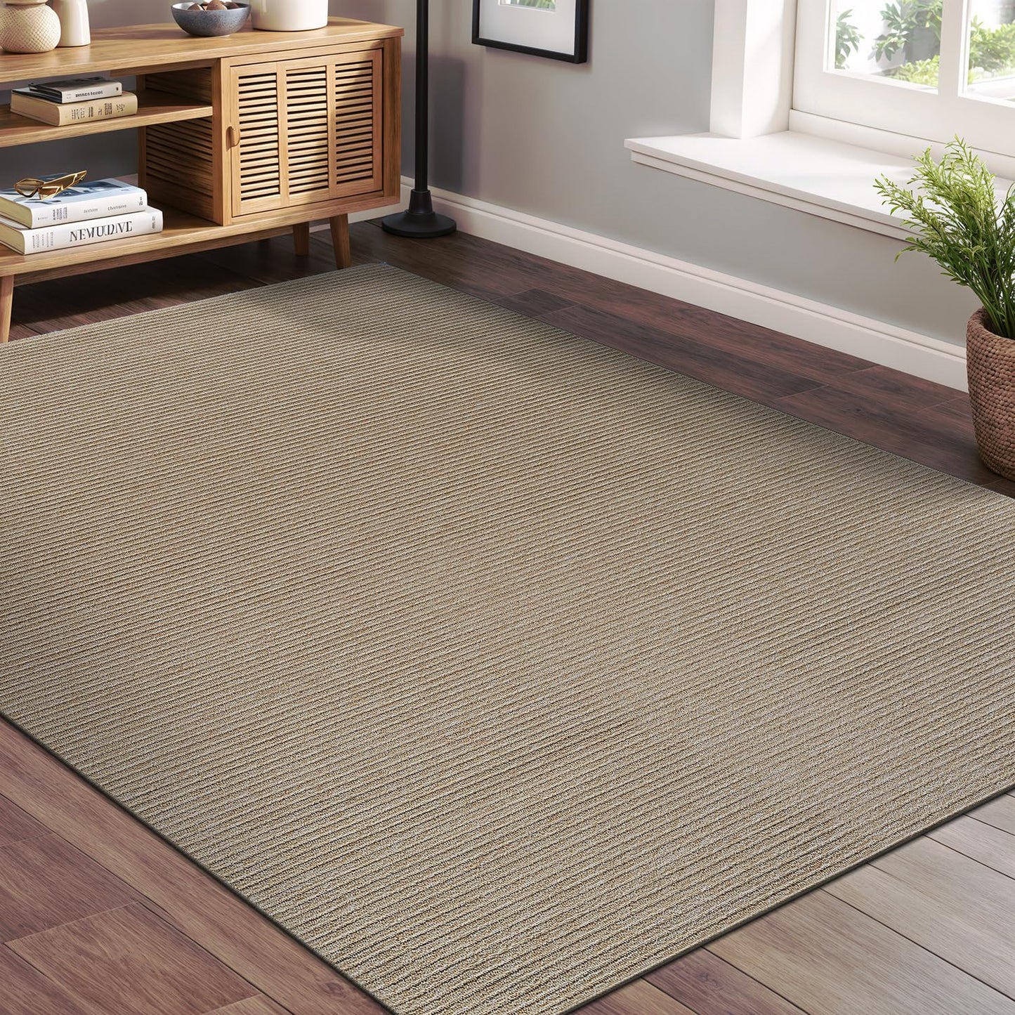 Beverly Rug Non-Slip Modern Rug 6x9 Solid Traditional Rubber Backing Machine Washable Soft Thin Indoor Area Rugs for Living Room Stain Resistant Non Shedding Casual Carpet (6 x 9 Beige)