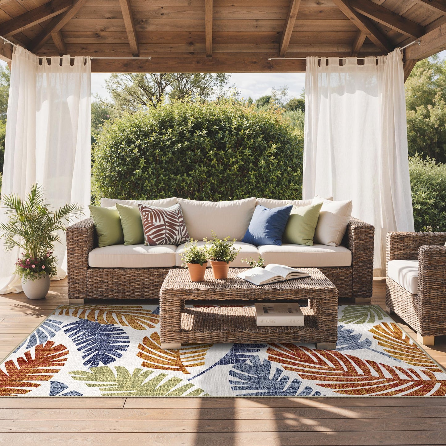 GENIMO Outdoor & Indoor Area Rug 5'x8', Waterproof, Non-Shedding, Easy Cleaning, Leaf Mat for Patio, Living Room, Balcony, Dining Room, RV, Deck, Bedroom, Camping, Outside Carpet, Rust Navy