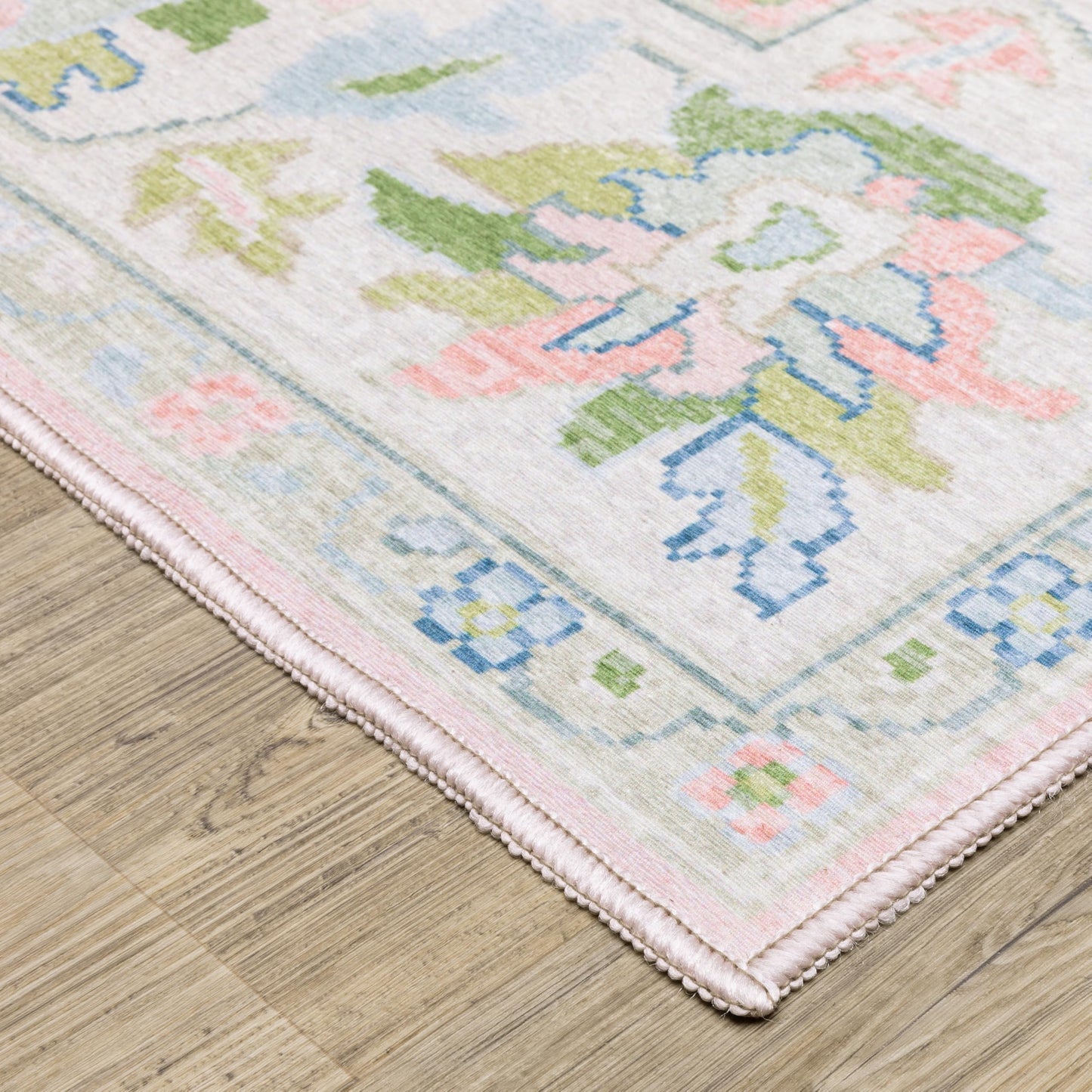 Oriental Weavers Addison ADD04 Machine Washable Flat Weave Printed Area Rug 5' x 7' in Pink/Green Traditional Style, Nursery, Kids Room, Bedroom, Entryway