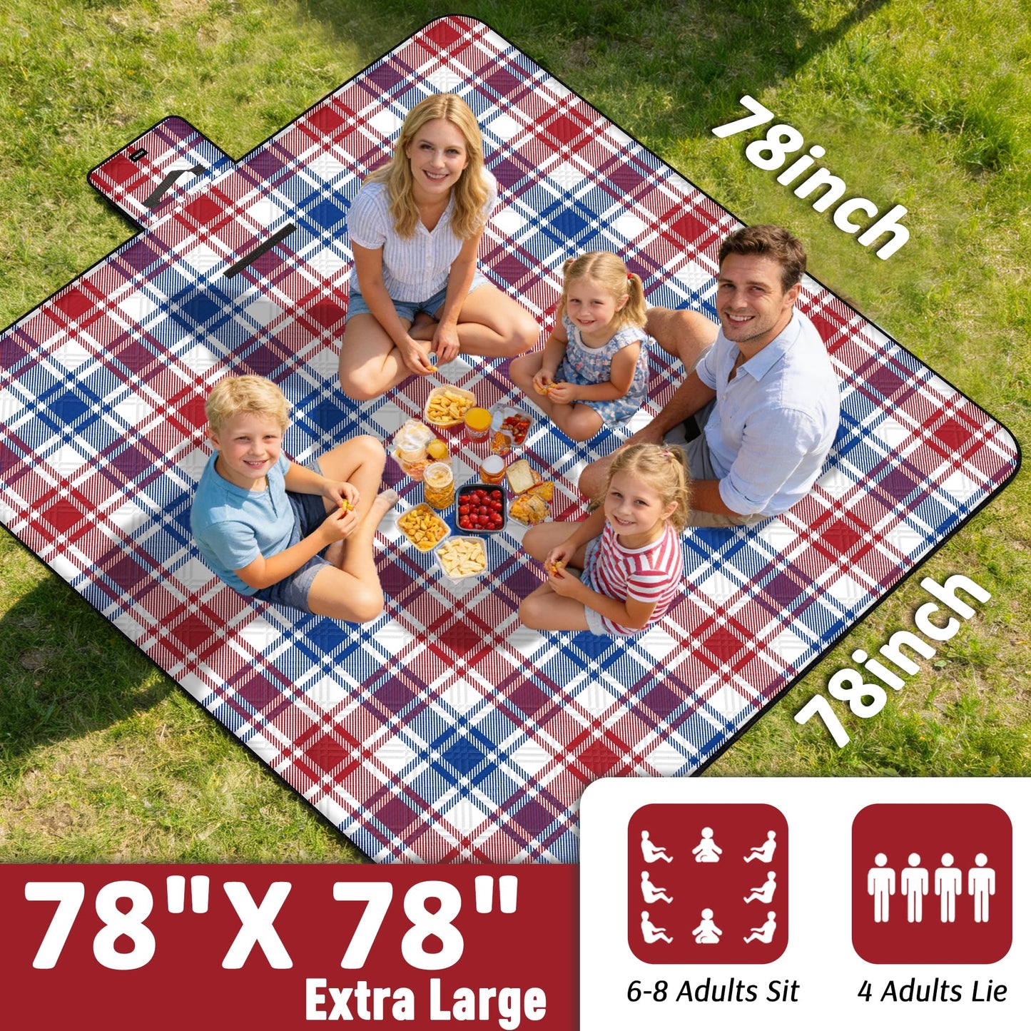 Doonly Picnic Blanket, Large Waterproof Sandproof Beach Blanket, Foldable Outdoor Blanket Picnic Mat for Beach, Camping, Park, Grass, Lawn, Travel, Patriotic Red White and Blue