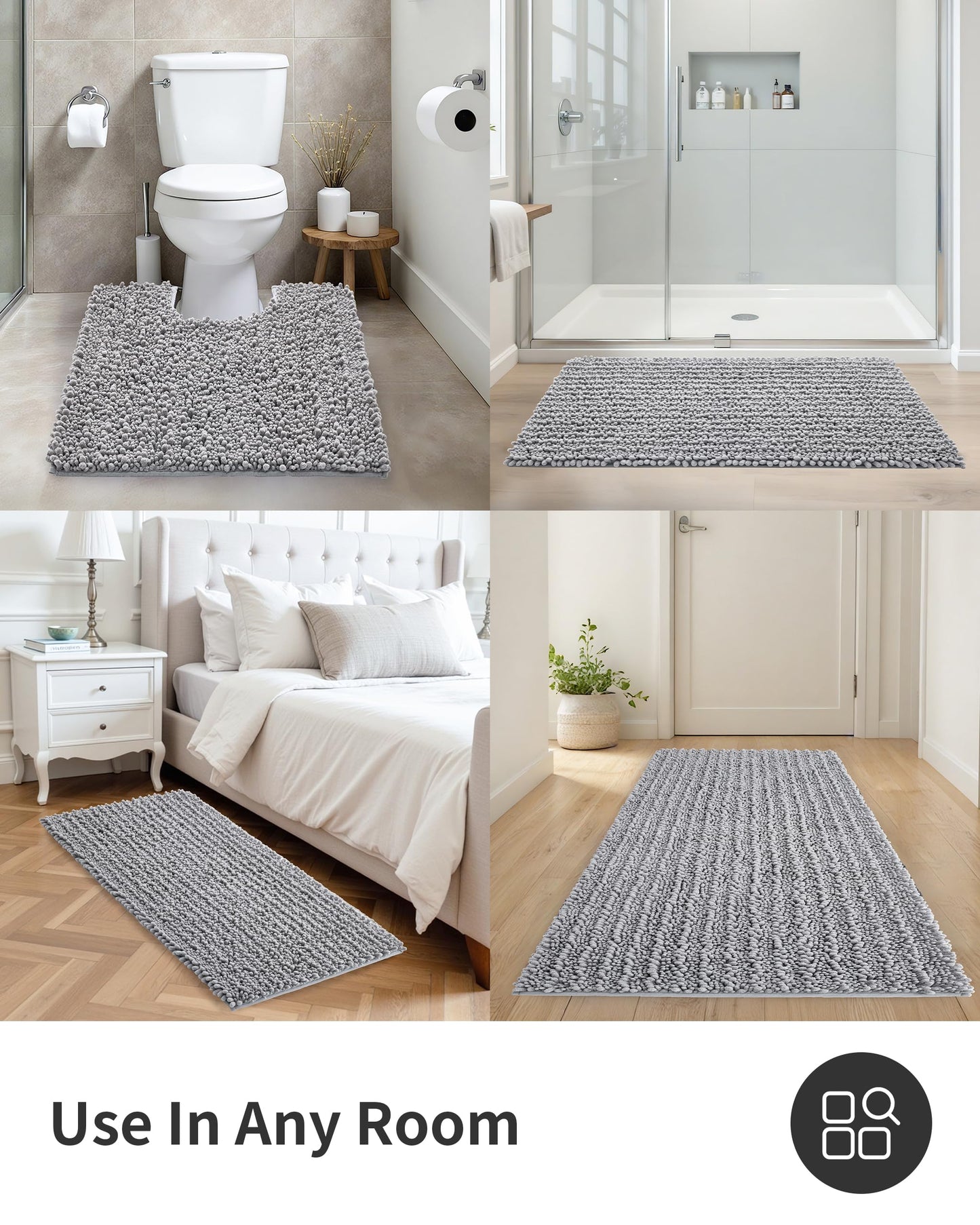 ILANGO Bathroom Rugs Light Grey 36x24,Extra Soft Absorbent Chenille Bath Rugs,Thick Non-Slip Shaggy Bath Mat,Machine Washable Quick Dry Bath Mats for Bathroom Floor, Tub, Shower Accessories