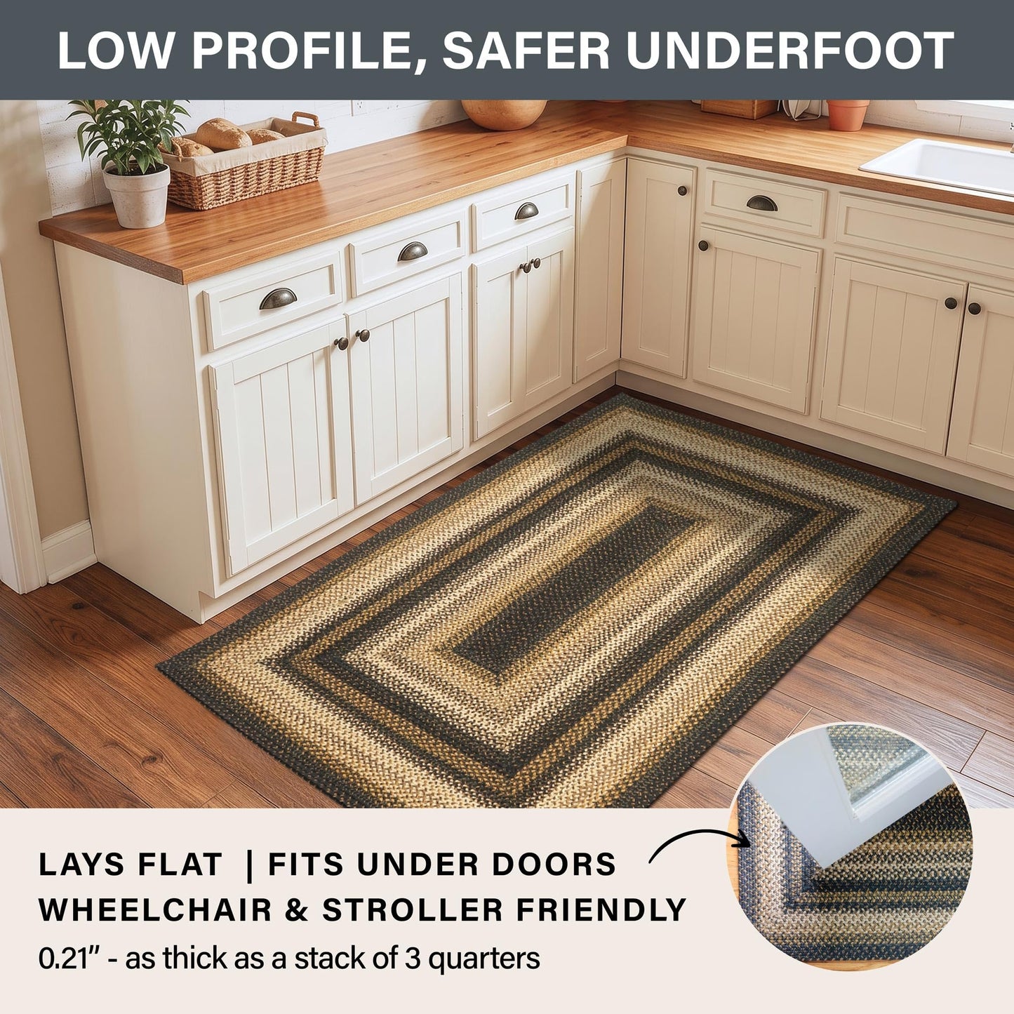 Homespice Kilimanjaro Black & Tan Oval Jute Rug 20x30 - Braided Kitchen Rugs for Primitive Farmhouse Kitchen Decor, Reversible, No Shed Jute for Easy Maintenance