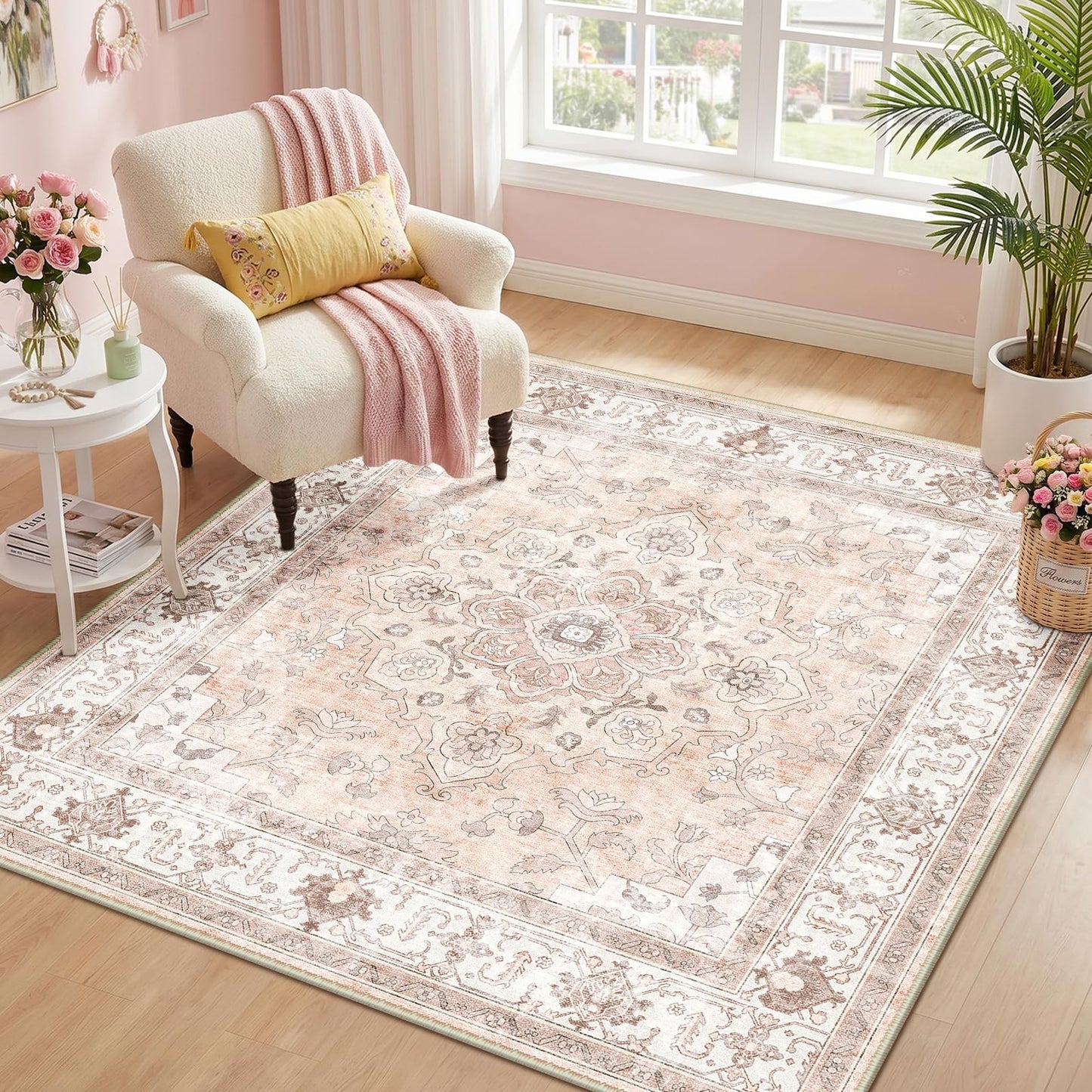 CAPALOCA Machine Washable Rugs Nursery Rug Sq5ft Cute Girl Non Slip Low Pile Water Repellent Soft Print Pattern for Bedroom Indoor Decor Kids Playroom Pink