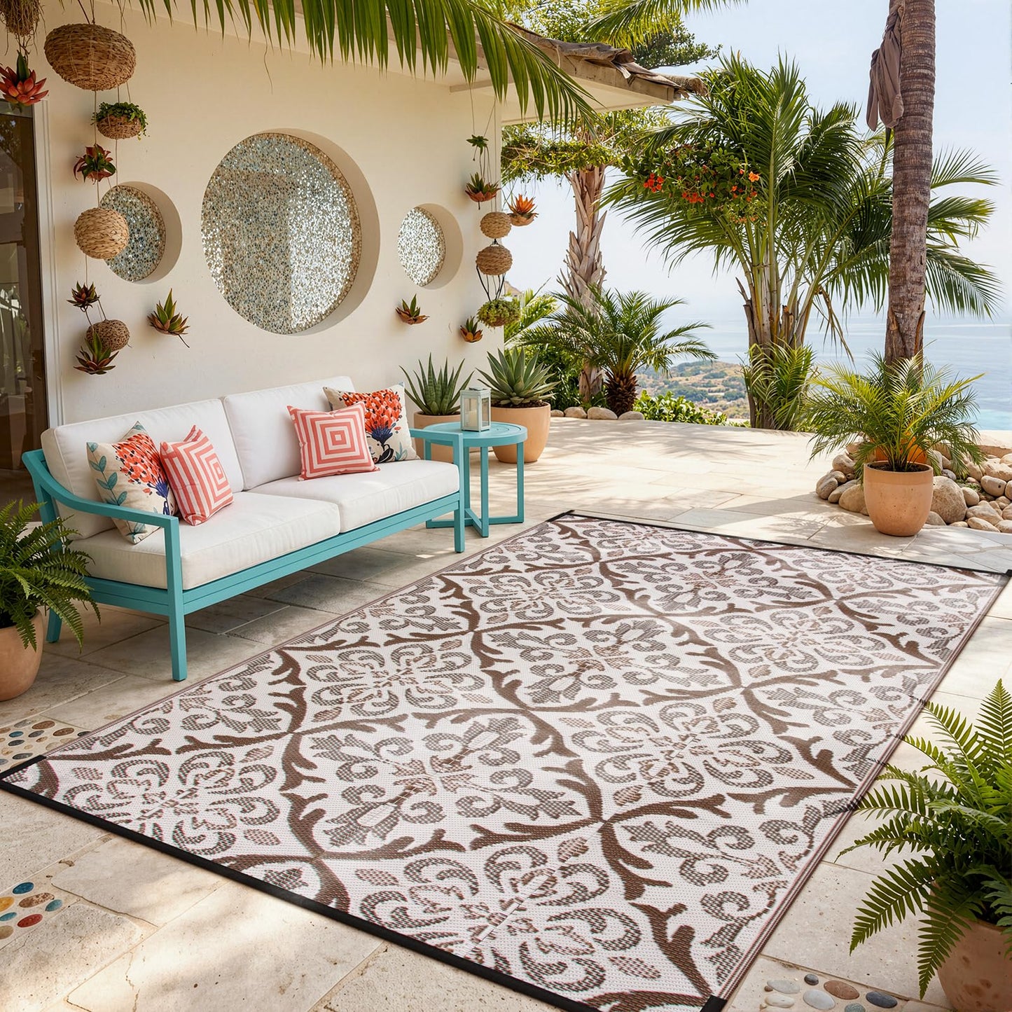 Lahome Outdoor Area Rugs 8x10 Patio Waterproof, Reversible Plastic Straw Rv Outdoor Rugs for Camping, Large Indoor Outdoor Carpet for Porch Deck Backyard Camper Picnic, Khaki 8'x10'