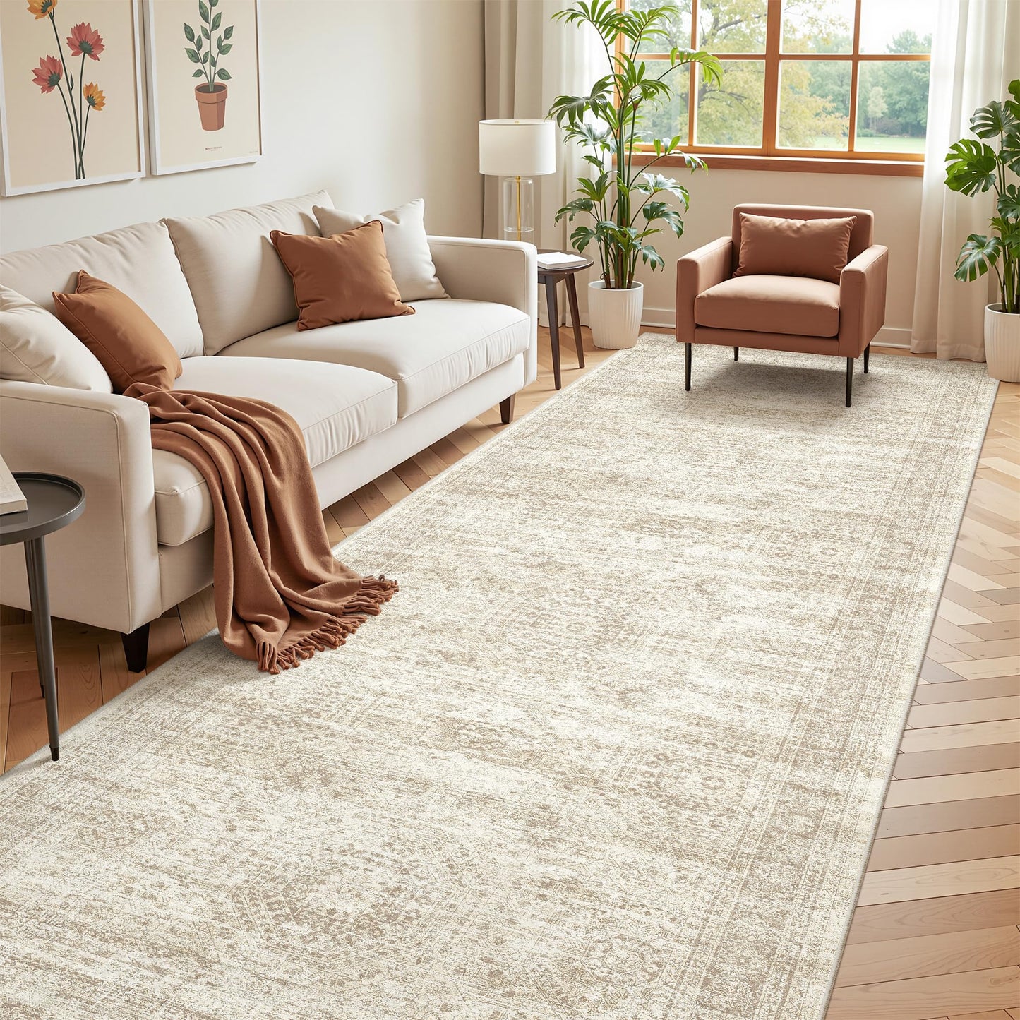 Restydon 4x12 Runner Rug for Hallway, Low-Pile Wide Runner for Entryway, Long Washable Non-Slip Kitchen Rug, Soft Modern Home Decor Mat for Living, Laundry Room(4'x12', Beige/Ivory)