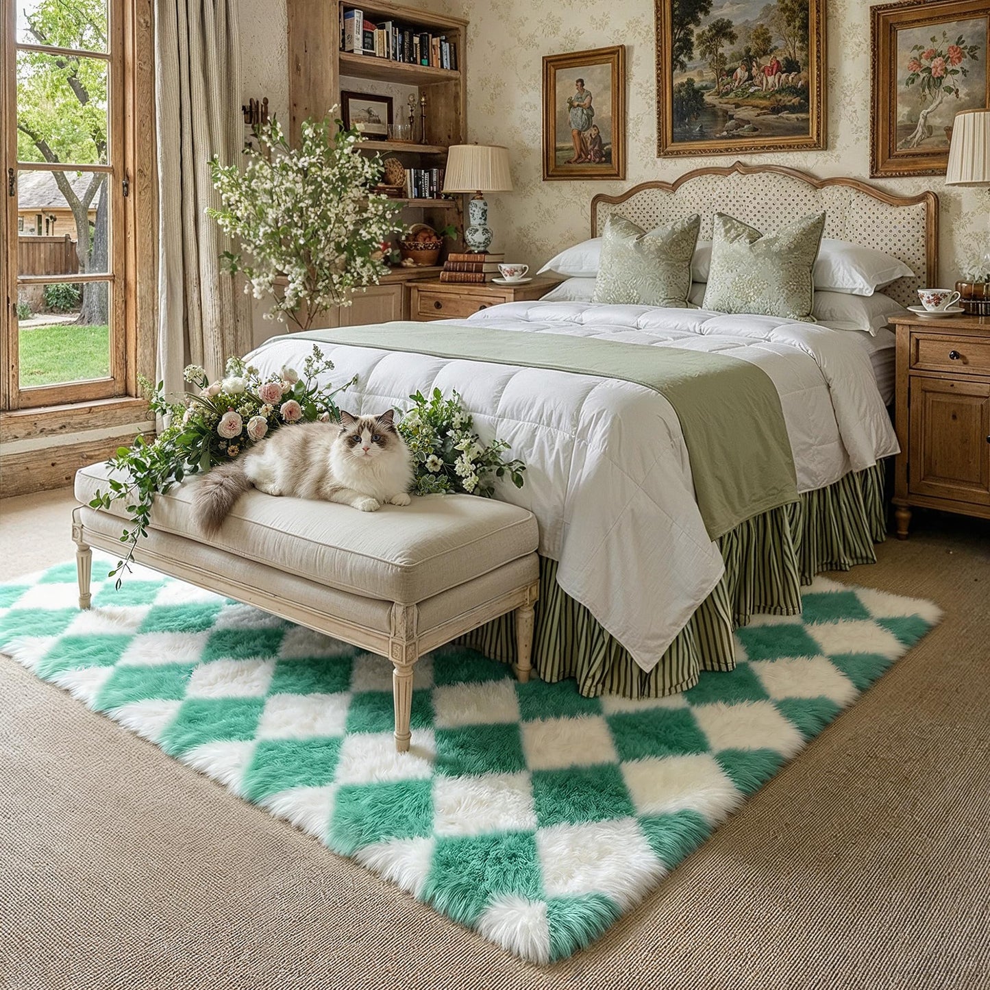 HUGEAR Checkered Rug 8x10 Living Room Green and White Modern Shag Rug Washable Large Area Rug Soft Fluffy Indoor Carpet Fuzzy Vacuumable Rugs for Bedroom Home Decor Non Slip