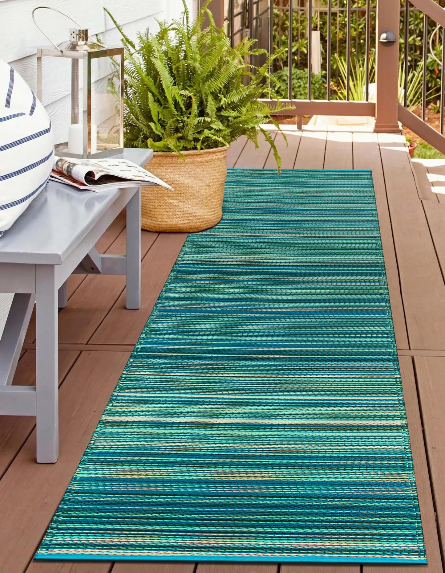 Rugshop Contemporary Stripe Reversible Crease-Free Waterproof Premium Recycled Plastic Outdoor Rugs for Patio,Backyard,RV,Deck,Picnic,Trailer,Beach,Camping Rug 2' 7" X 8' Blue