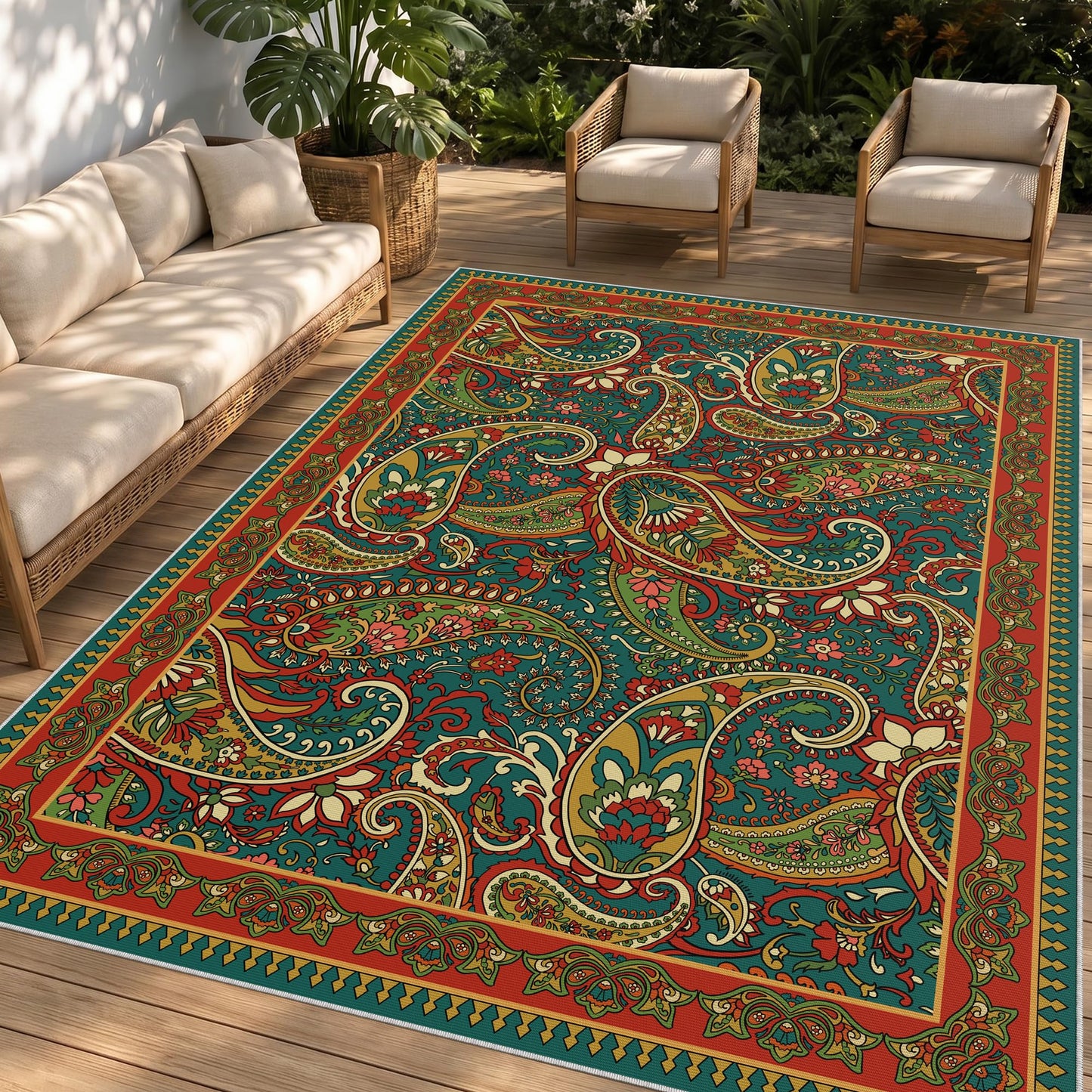 Arenarug Paisley Outdoor Rug Waterproof 5x8, UV Resistant Non Slip Patio Rug, Indoor Outdoor Boho Camping Rug Linen-Look RV Carpet for Deck Balcony Backyard, Terracotta