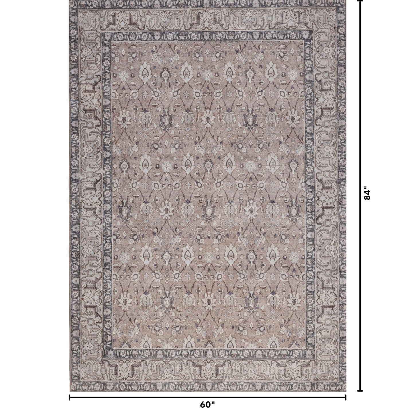 Kuden 5x7 Area Rug, Machine Washable Area Rug with Non-Slip Backing, Vintage Style, Soft, Easy Clean, Low Pile Rug for Living Room, Bedroom, Dining Room