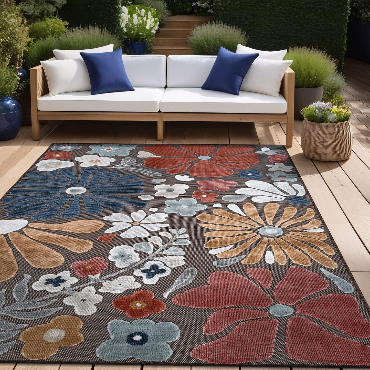 Beverly Rug Outdoor Rug 8x10 Modern Floral Tropical Area Rugs for Outdoor and Indoor Patio Easy to Clean Non Shedding Living Room Porch Garden Washable Outside Carpet (8 x 10 Terracotta)