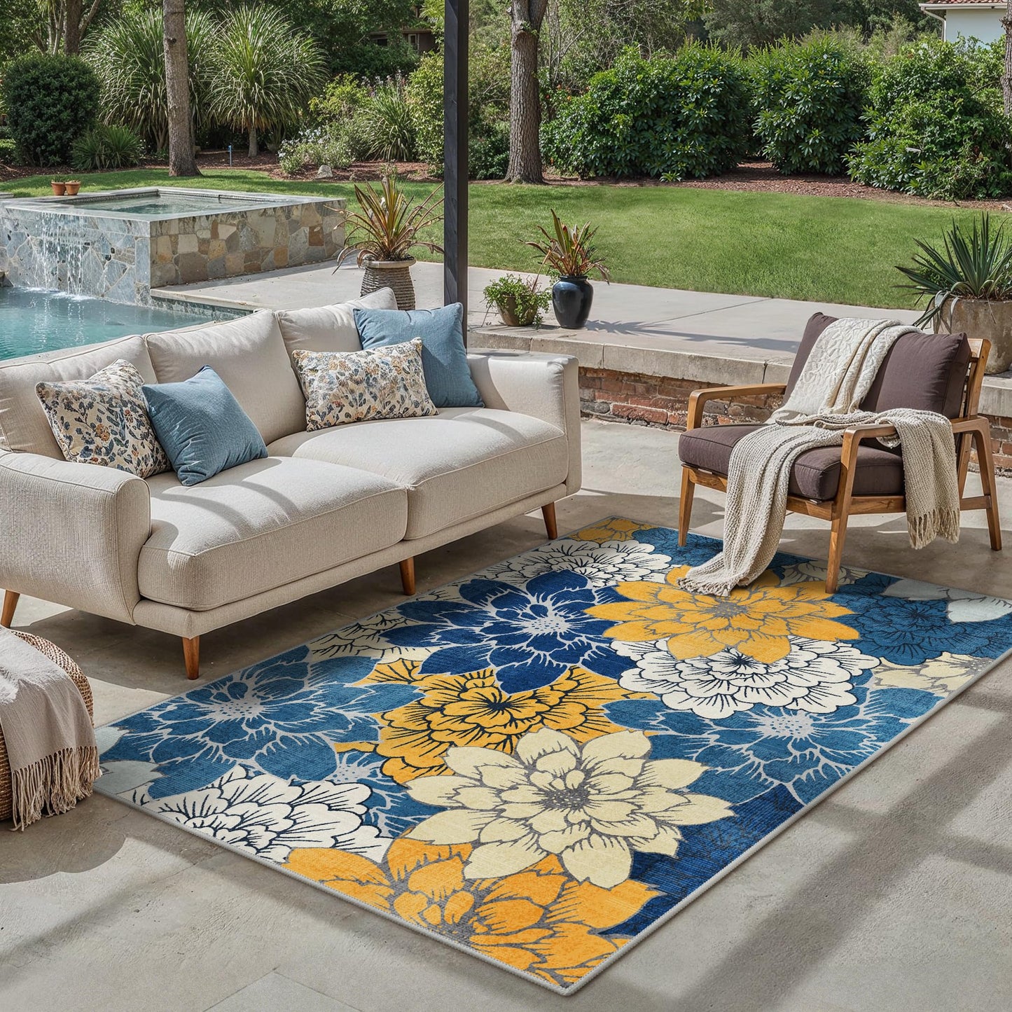 GENIMO Indoor Outdoor Area Rug 5'x7', Machine Washable Rugs for Patio, Waterproof, Non-Slip Easy Cleaning Floral Outdoor Mat Carpet for Living Room, RV, Balcony, Deck, Camping, Blue Yellow