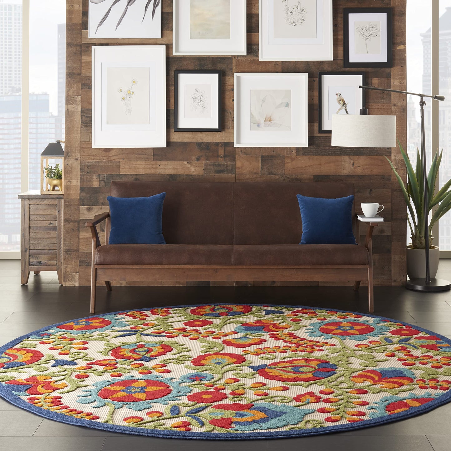 Nourison Home Aloha Multicolor 7'10" x Round Area Rug - Easy Clean, Non Shedding, Bed Room, Living Room, Dining Room, Kitchen (8' x Round)