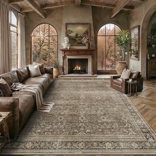 Schweek 8x10 Washable Area Rug Brown Neutral Vintage Distressed Rugs Large Non-Slip Living Room Area Rugs, Soft Low Pile Carpet Indoor Mat Throw Rug for Bedroom Dining Room Office Nursery