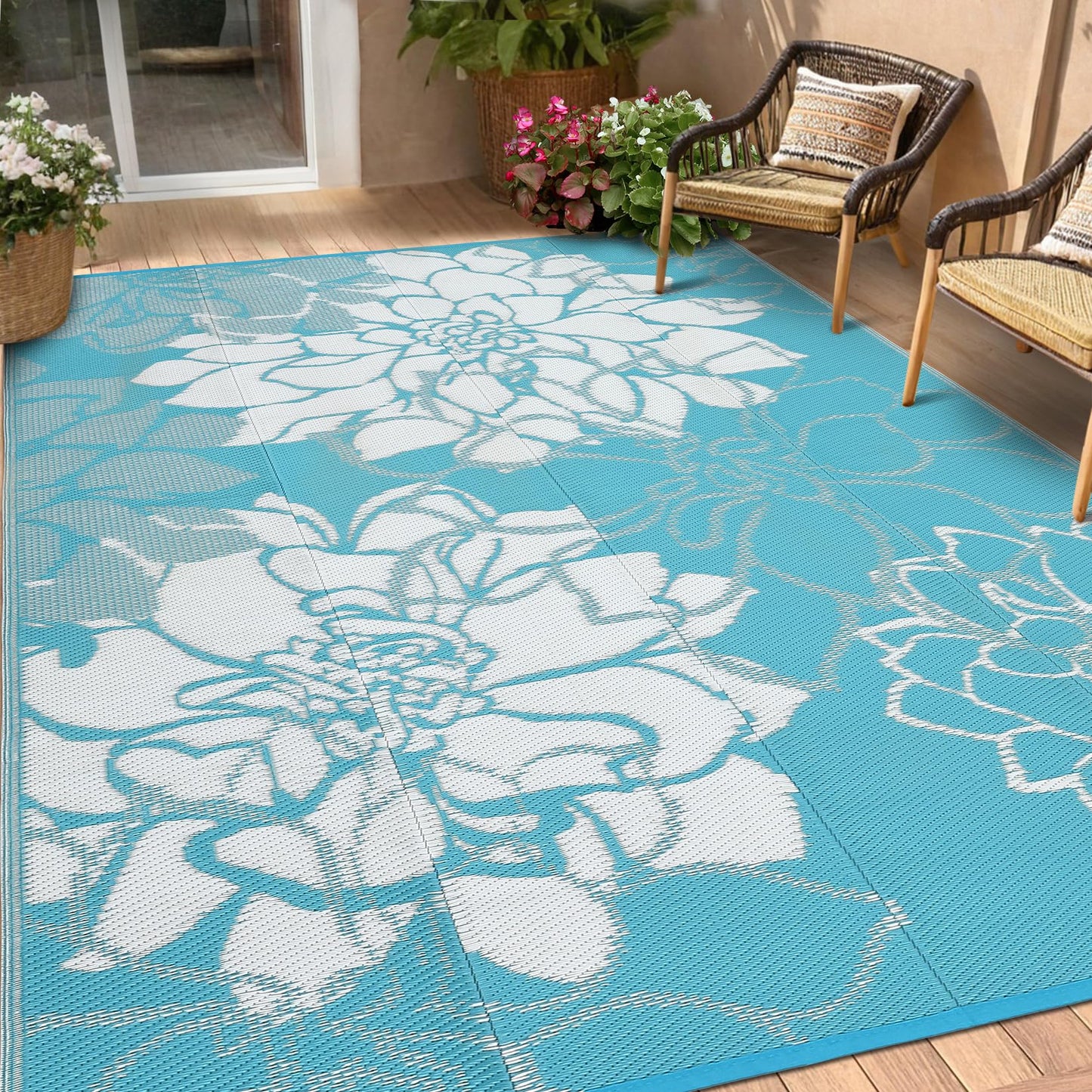 IDEALHOUSE Reversible Outdoor Rug, 320GSM Recycled Plastic Patio Rug, Lightweight Folding Camping Mat with Carry Bag and 4 Stakes, for RV, Picnic, Beach, Balcony, Light Blue White, 9x18 ft