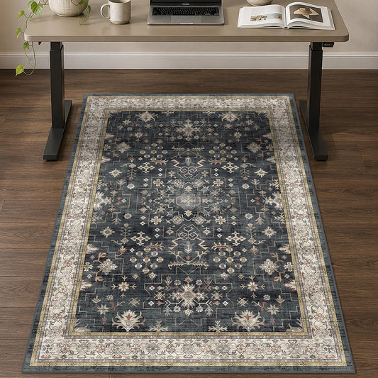 3x4 Black Boho Office Chair Mat for Hardwood Tile Floor - Ultra-Soft Low Pile Desk Rug with Non-Slip Backing, 36''x48'' Machine Washable Area Rug and Floor Protector for Rolling Computer Chair Mat