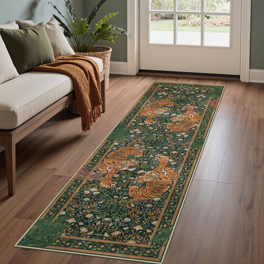 Bavni Tiger 2x6 Washable Runner Rug Non Slip, Boho Vintage Oriental Hallway Runner, Low Pile Soft Green Carpet Stain Resistant, Botanical Animal Kitchen Runner Rugs for Entryway Bedroom Laundry