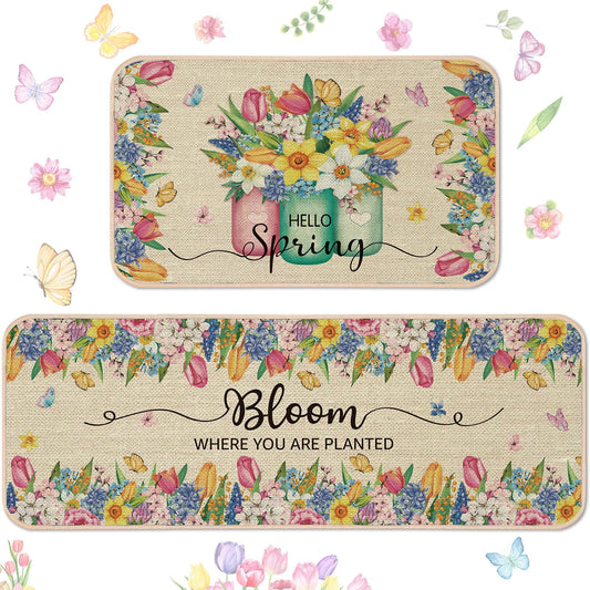 Suttmin 2 Pcs Spring Kitchen Rugs and Mats Bloom Where You are Planted Flower Jar Rugs Watercolor Mat for Spring Holiday Decor, 17 x 29 Inch, 17 x 47 Inch(Flower Bloom)