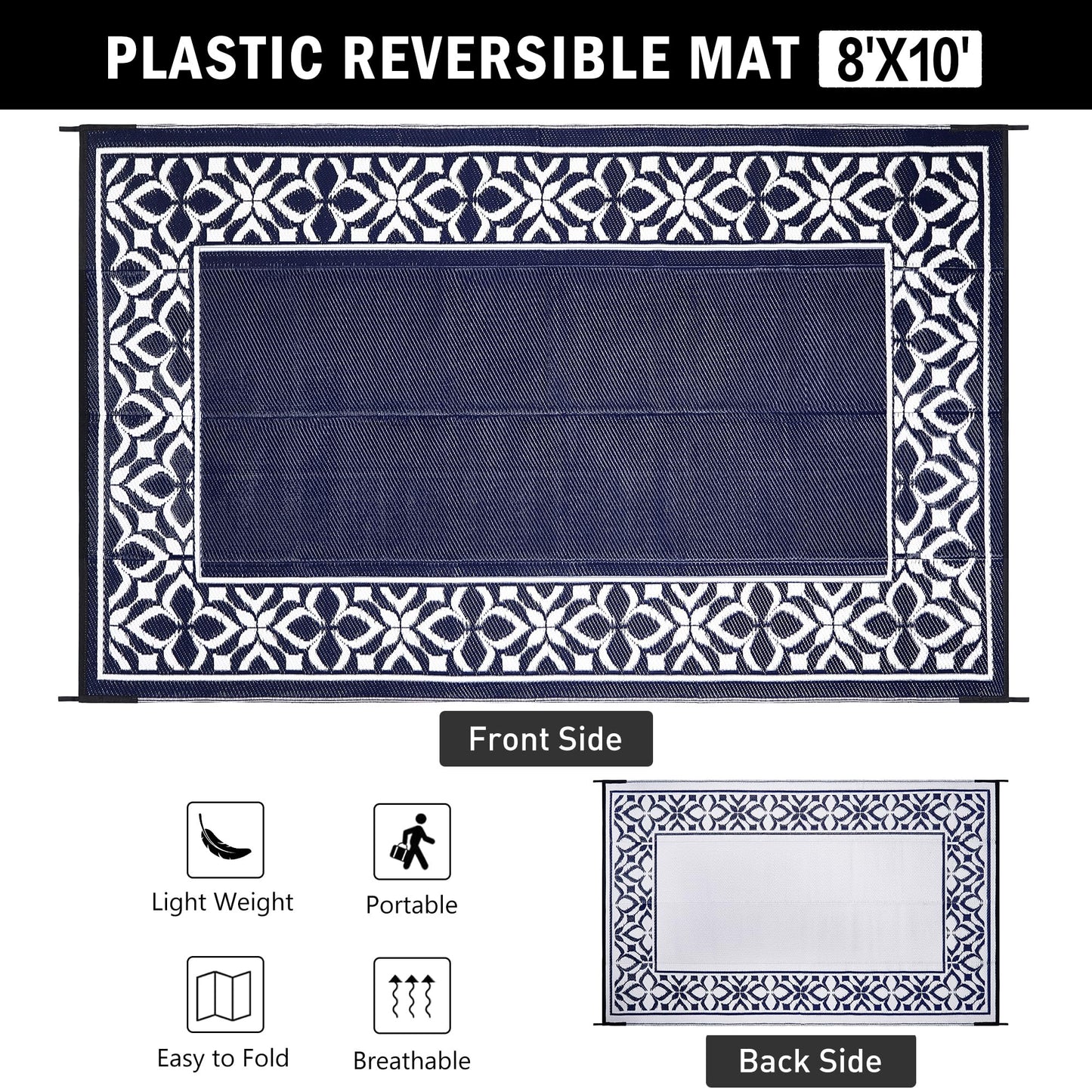 PureCozy Outdoor Plastic Straw Rug Navy Blue Large Outside Waterproof Outdoor Patio 8x10 Carpet Geometric Reversible Mat Modern for Camping RV Porch Deck Balcony Beach