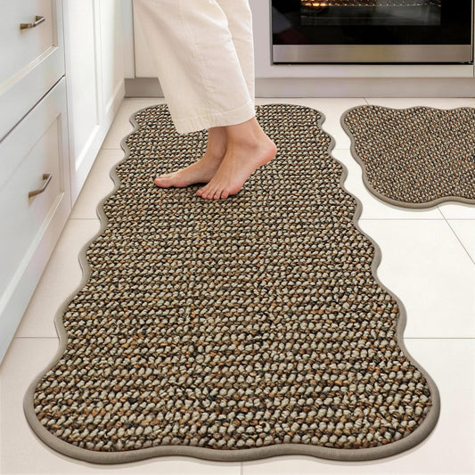 JSEI Scalloped Kitchen Rugs and Mats 2PCS, Kitchen Mats for Floor, Non-Slip Washable Kitchen Runner, Absorbent Rugs for Kitchen, Laundry & Sink, 17"x30"+17"x48", Taupe