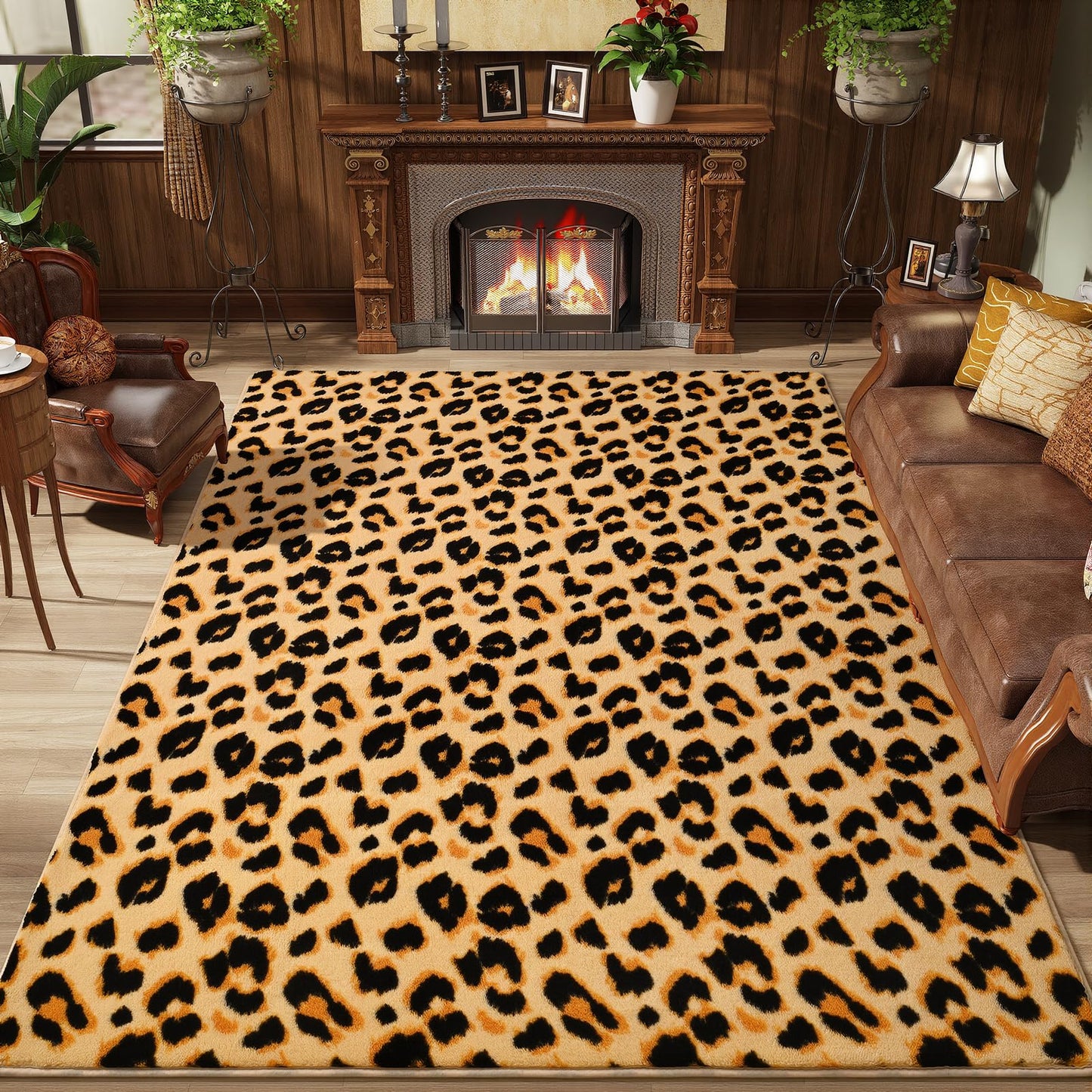 Amearea Soft Leopard Rugs for Bedroom Living Room, 4x6 Modern Cheetah Print Thickened Memory Foam Rug, Fluffy Indoor Washable Animal Rug Carpet for Kids Boys Girls Dorm Nursery Room Home Decor, Khaki