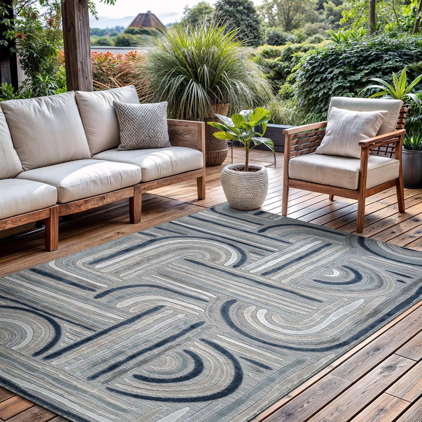 CAMILSON Indoor Outdoor Rug, Blue 9x12 Geometric Arch Striped Large Area Rugs for Patio and Home Areas, Easy-Cleaning Non-Shedding Living Room, Garden and Deck Washable Outside Carpet (9 x 12)