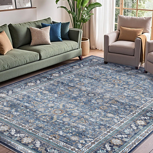 OPPODREAM Vintage Blue Area Rugs 5x7, 5 x 7 Retro Washable Rug Non Slip, Low-Pile Faux Wool Carpet, Distressed Navy Floor Mat for Living Room, Bedroom, Kitchen, Office, Dorm, Dinning Room