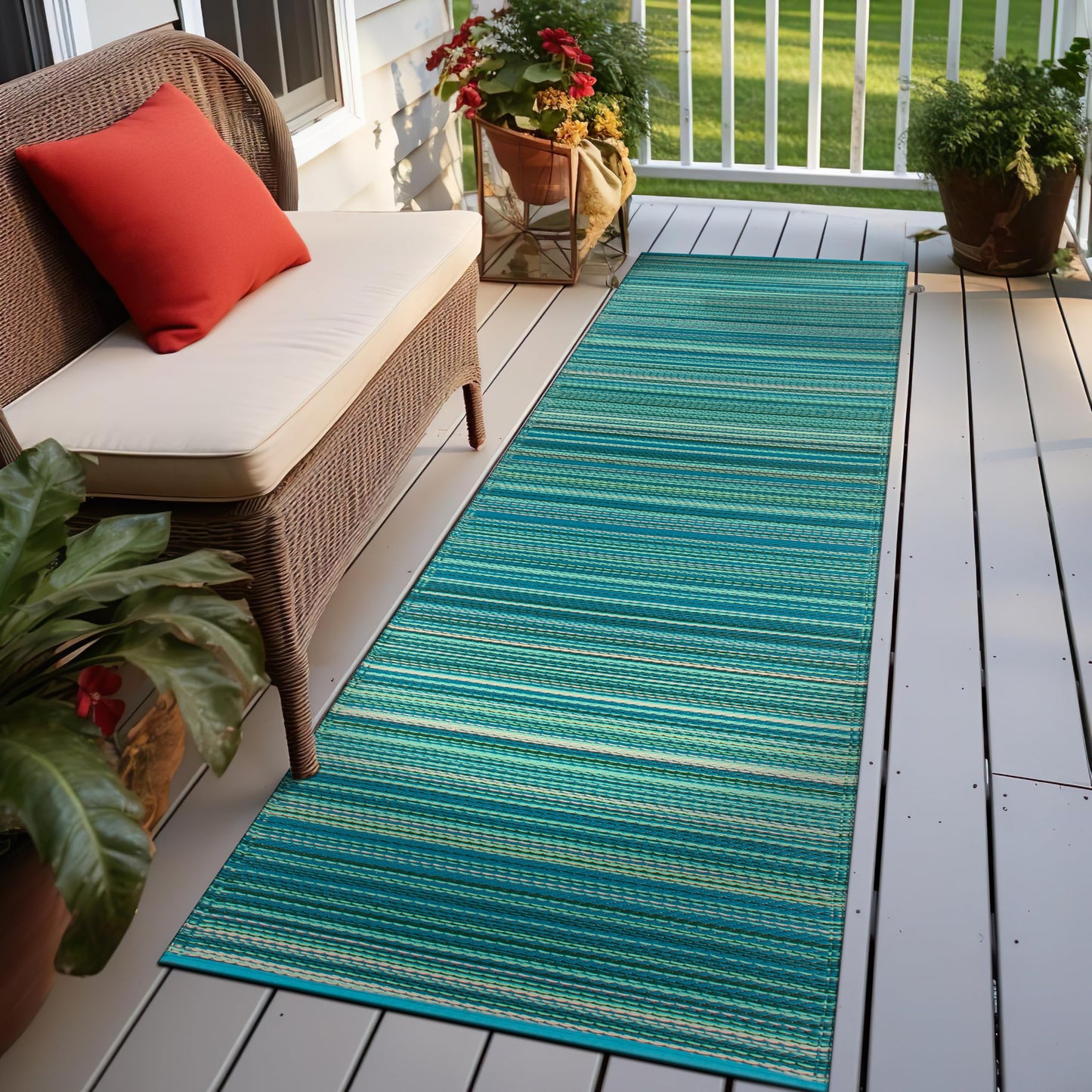 Rugshop Contemporary Stripe Reversible Crease-Free Waterproof Premium Recycled Plastic Outdoor Rugs for Patio,Backyard,RV,Deck,Picnic,Trailer,Beach,Camping Rug 2' 7" X 8' Blue