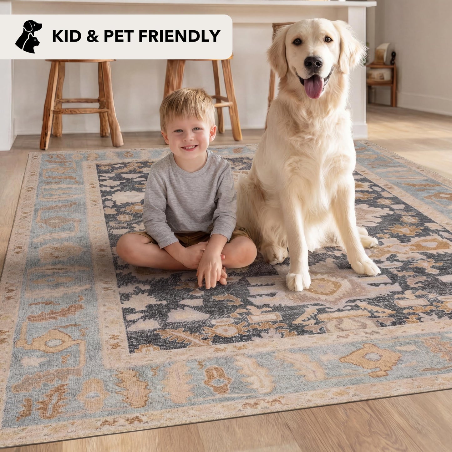 Kuden 6x9 Area Rug, Machine Washable Area Rug with Non-Slip Backing, Vintage Style, Soft, Easy Clean, Low Pile Rug for Living Room, Bedroom, Dining Room