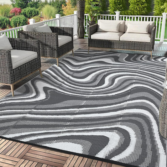 Garvee Outdoor Rug 9x18 Patio Waterproof, Abstract Outdoor Plastic Straw Rug, Camping Rugs for Outside Your RV, Reversible UV Resistant Mats with Portable Bag for Backyard, Deck, Picnic, Black Grey