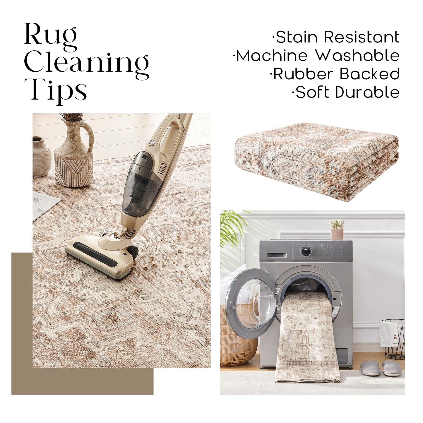 BILEEHOME Boho Farmhouse Bedroom Rug Washable Easy Clean Stain Resistant Vintage Country Rustic Neutral Persian Area Rug for Dining Room Under Table,Light Tan Brown Beig with Terracotta Pattern,5x8
