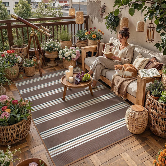 PureCozy Outdoor Waterproof 5x8 Rug for Patio Reversible Plastic Straw Brown Striped Camping Mat Outside Lightweight Large Floor Mat for RV Deck Beach Balcony Picnic Backyard Entry Porch