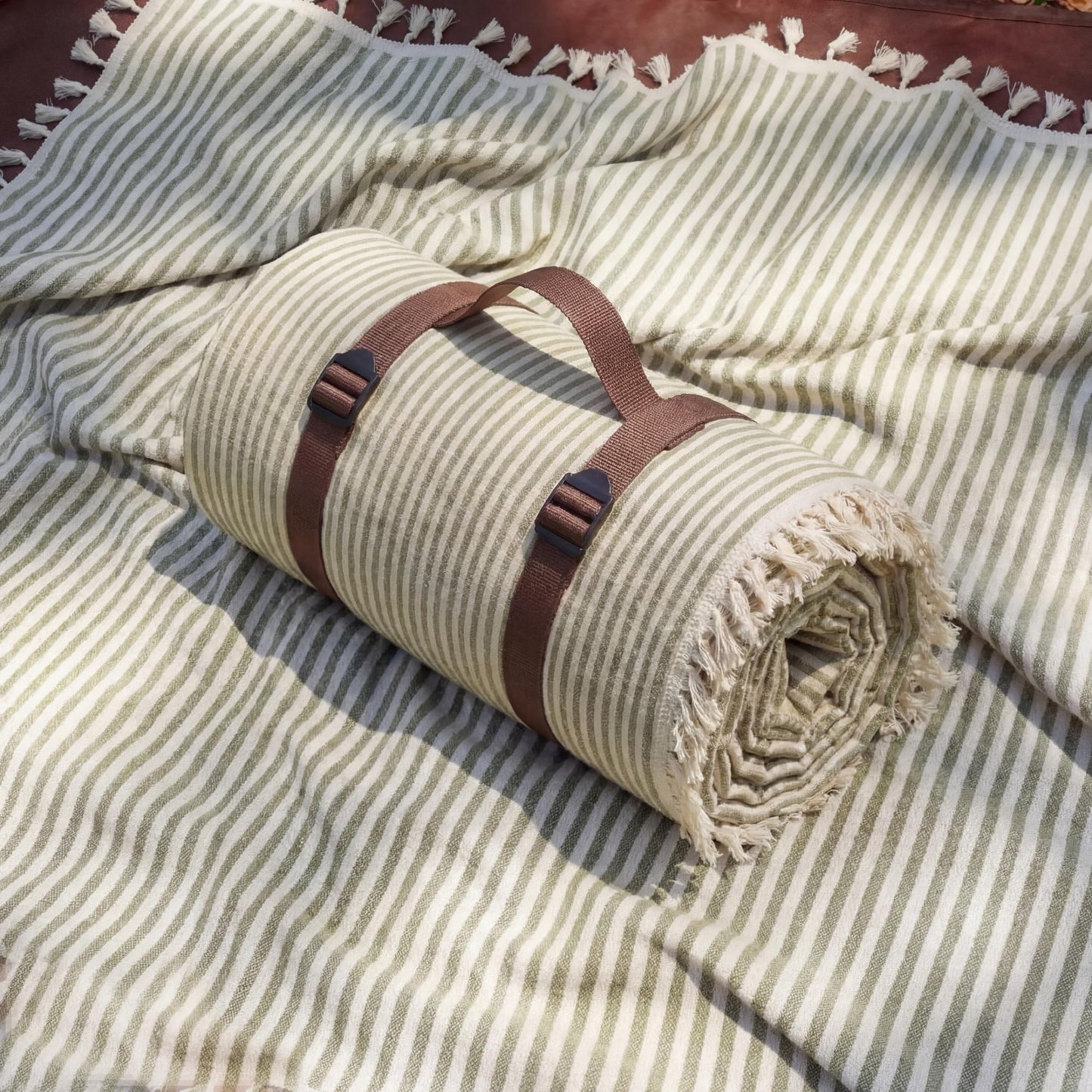 Breling 2 in 1 Double Layer Outdoor Picnic Blanket + Mat, Green Stripe Boho Large Waterproof Beach Mat Foldable Portable Camping Blankets with Carry Strap Tassel for Summer Park Grass 59'' x 79''