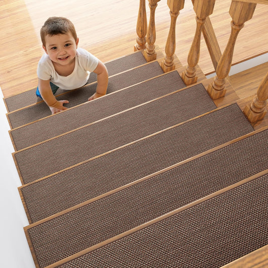 ZOMONETI 15pcs 8" x 30" Linen Non Slip Stair Carpet Treads for Wooden Steps, Machine Washable Stair Runners for Kids, Elders and Pets, Brown