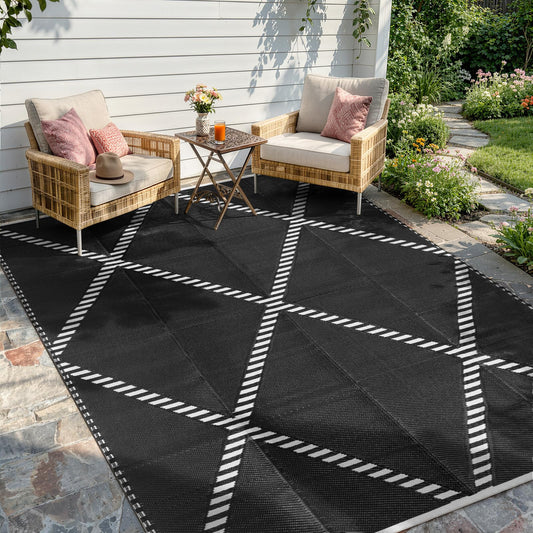 Wonnitar Outdoor Rug 6x9, Waterproof Reversible Plastic Straw Rug for Patio, Foldable Camping Mat with Carry Bag for RV, UV-Resistant Outside Rug for Deck, Balcony, Beach, Black & White
