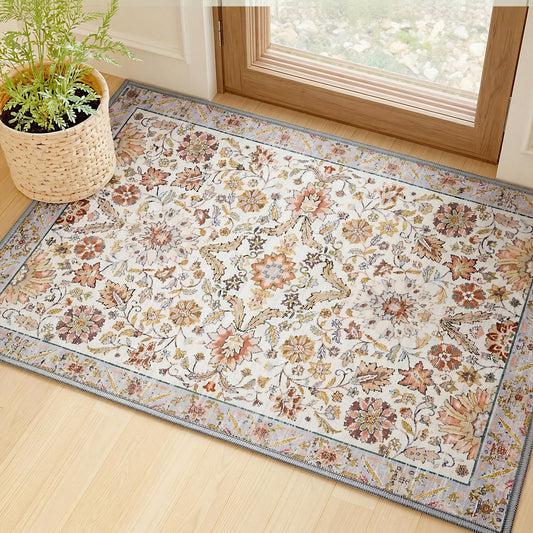 MINIDEAR 2x3 Area Rugs for Entryway Kitchen, Washable Rug Small Accent Rugs for Bedroom Non Slip Vintage Rug with Floral Print Thin Carpet Mat for Home, Daisy Gray