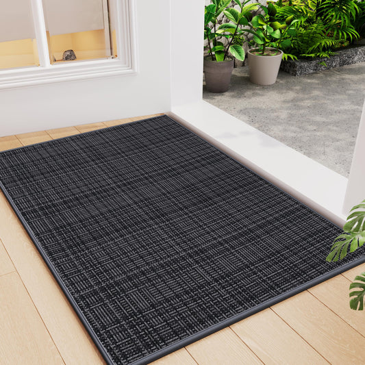 Indoor Front Door Mat Entry Mat 17"x30", Braided Low-Profile Welcome Door Mat Indoor Entrance, Non Slip Rubber Backing Thin Inside Entryway Doormat Washable Dirt Resistant & Absorbent, Black/Dark Gray