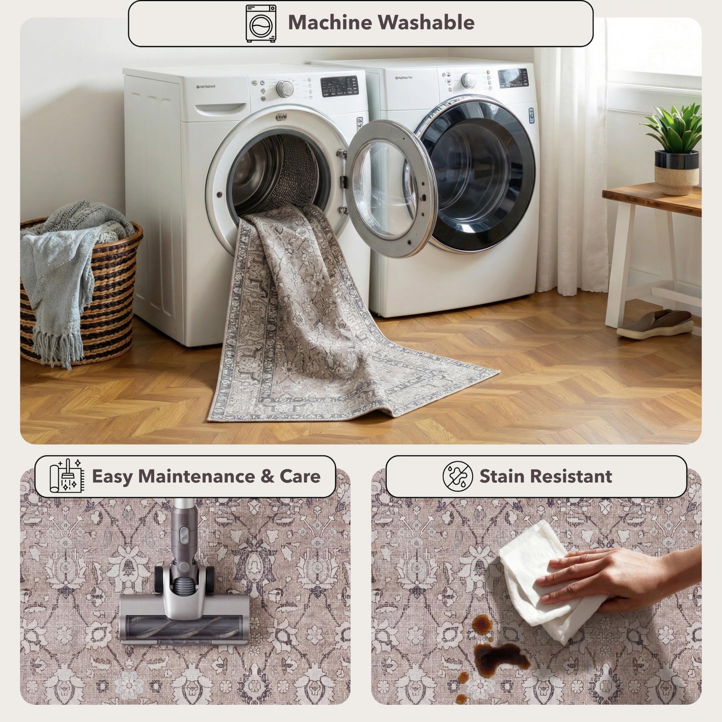 Kuden 5x7 Area Rug, Machine Washable Area Rug with Non-Slip Backing, Vintage Style, Soft, Easy Clean, Low Pile Rug for Living Room, Bedroom, Dining Room