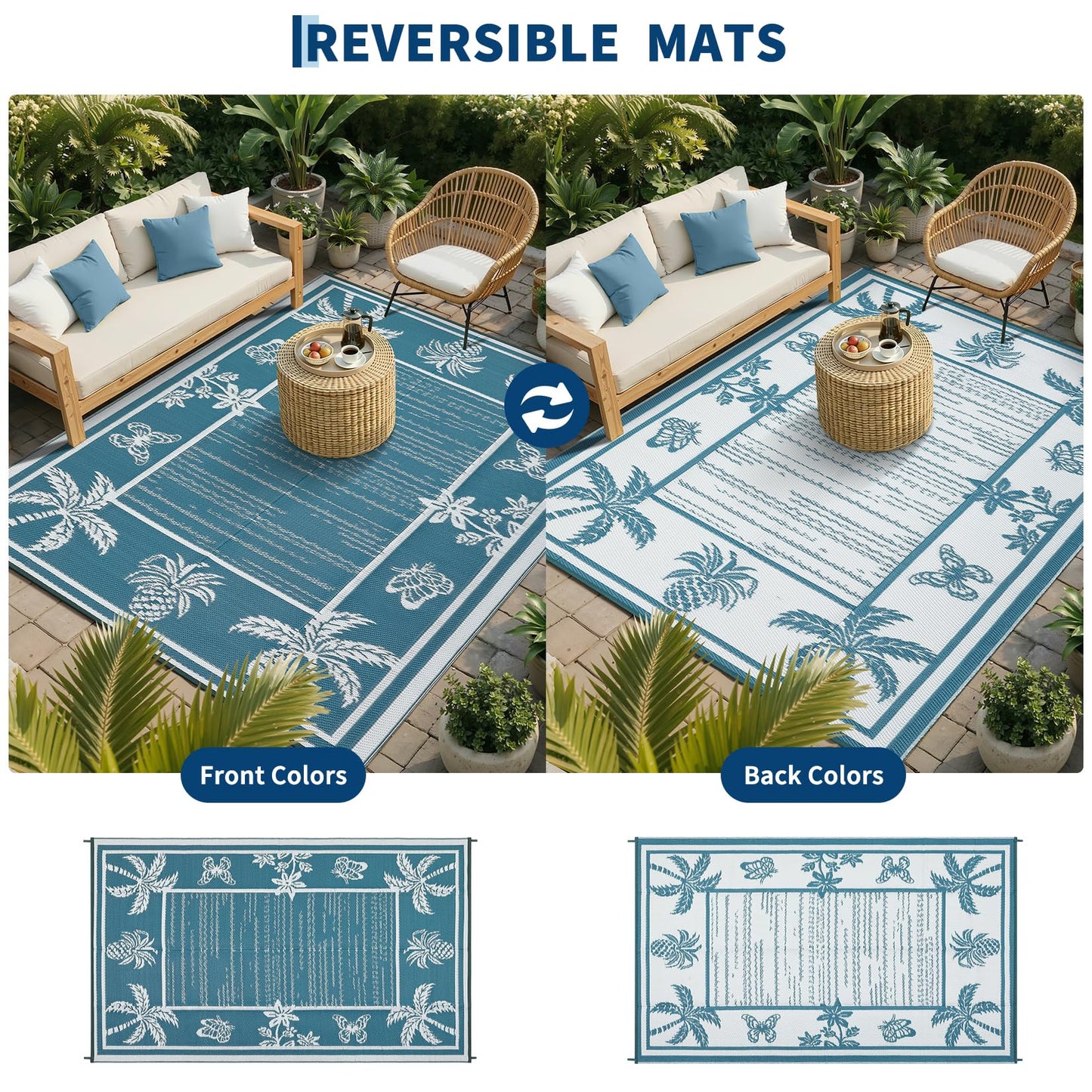 Garvee Outdoor Rug 5x8 Waterproof for Patios, Reversible Plastic Straw Rug, Tropical Leaf Indoor Outdoor Rugs, Large Area Rug for RV, Camping, Deck, Picnic Mat, Outside Carpet, Blue & White
