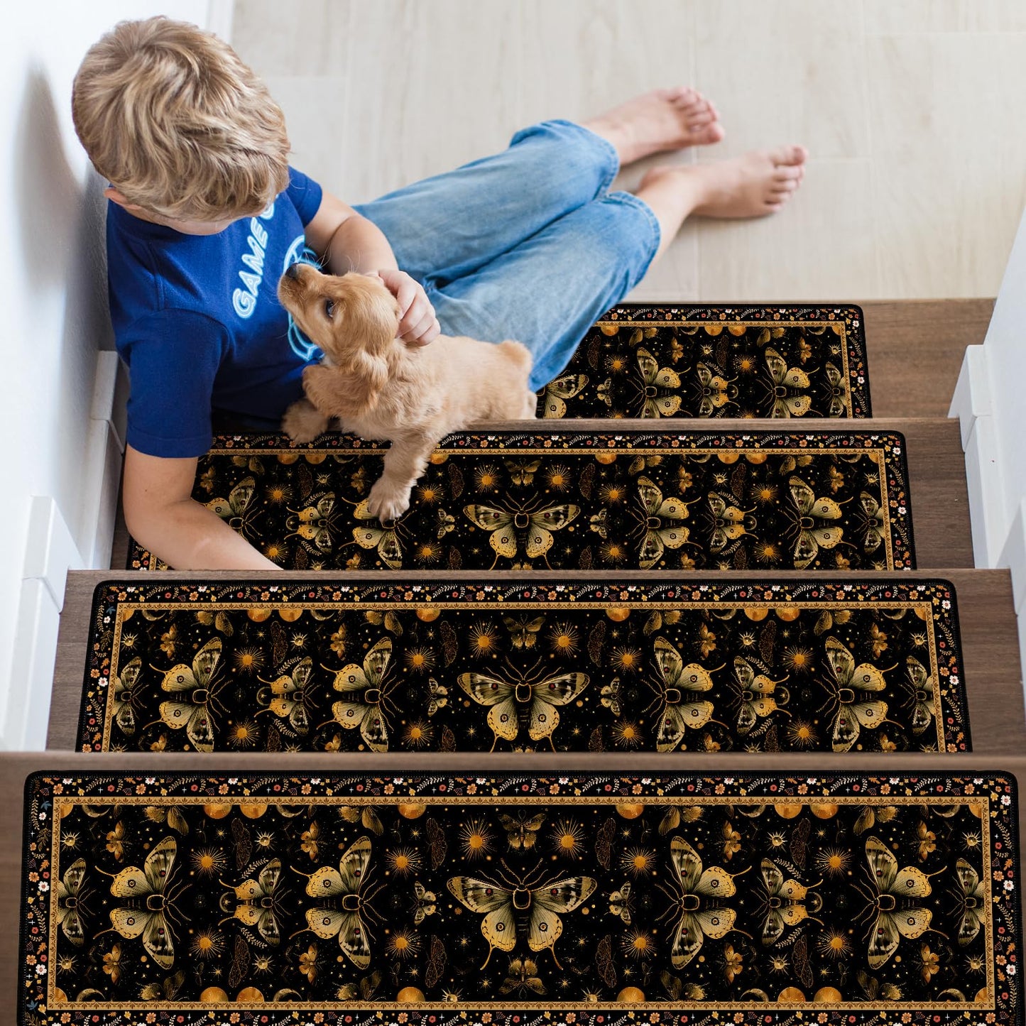 InIsaJace Stair Treads for Wooden Steps, 15 Pack Moth Stair Runners Covers Non Slip Indoor 8" X 30", Washable Carpet Rugs with Silicone Backing for Kids Elders and Dogs