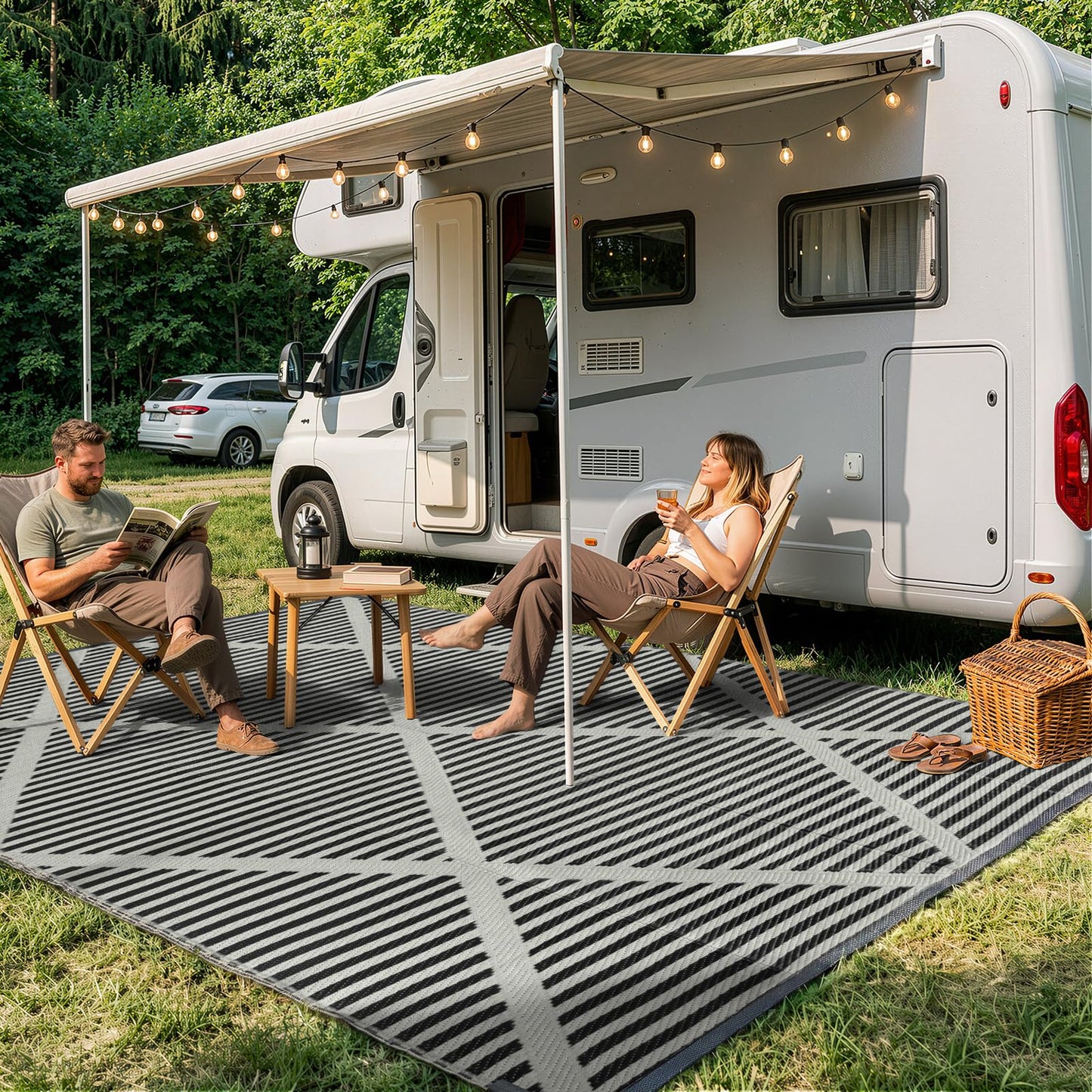 Wonnitar Outdoor Rug 6x9, Waterproof Reversible Plastic Straw Rug for Patio, Foldable Camping Mat with Carry Bag for RV, UV-Resistant Outside Rug for Deck, Balcony, Beach, Black & Grey