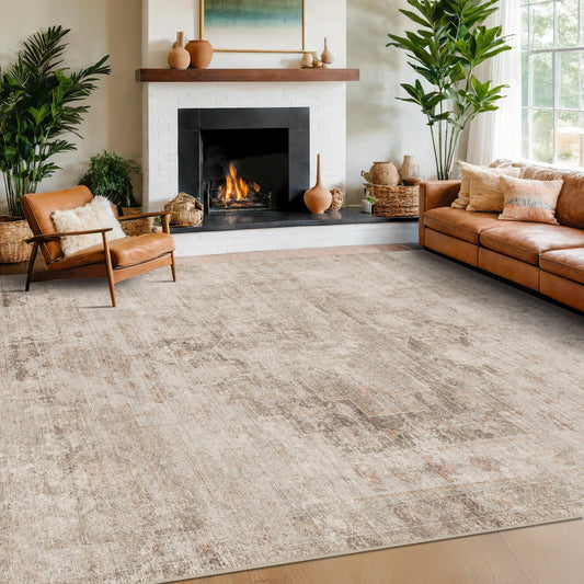 Hazo Haus Farmhouse Area Rugs for Living Room, 8x10 Washable Abstract Rug for Bedroom, Dining Room Under Table and Home Office, Ultra-Soft Low Pile Design, Stain Resistant (Beige/Brown/Peach)