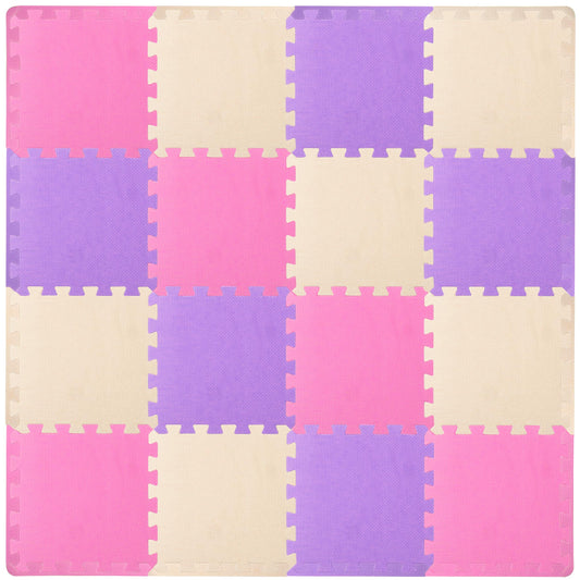 ProSource Baby Play Mat, Soft Foam Floor Tiles for Kids, Interlocking EVA Panels for Playpen Use, Crawling Development Surface, Safe Non-Toxic Toddler Flooring, 16 Tiles, Pink/Purple/Beige
