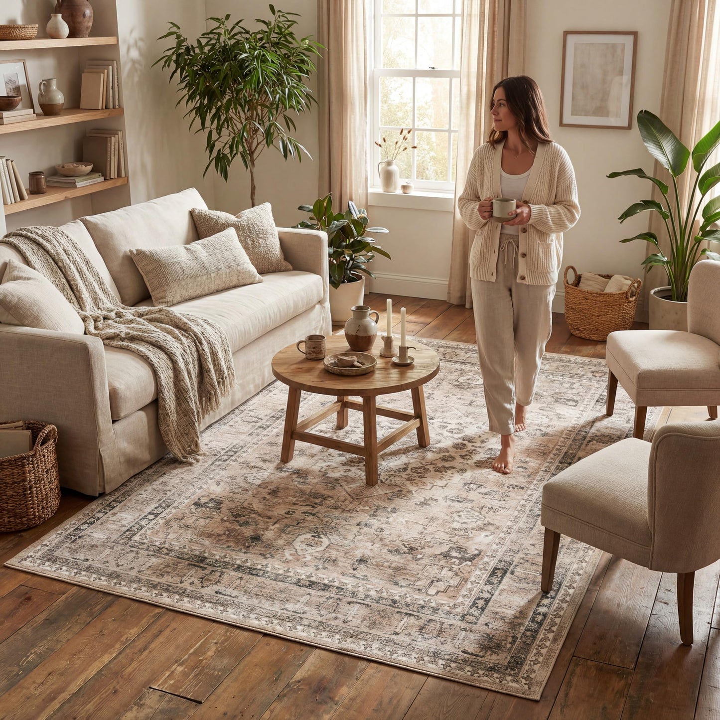 Nuloom Splashguard Collection Davi Stone/Ivory, 2' x 3', Vintage, Soft and Cozy, High Traffic, Stain Resistant, Durable, Machine Washable Area Rug for Bedroom, Living Room, Dining, Foyer, Entryway