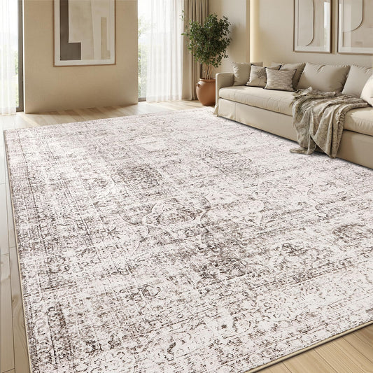 Area Rug 5x7 for Living Room - Machine Washable Area Rugs for Bedroom Vintage Stain Resistant Non Slip Low Pile Carpet for Dinning Room Farmhouse Kids Room Home Office,Brown/White
