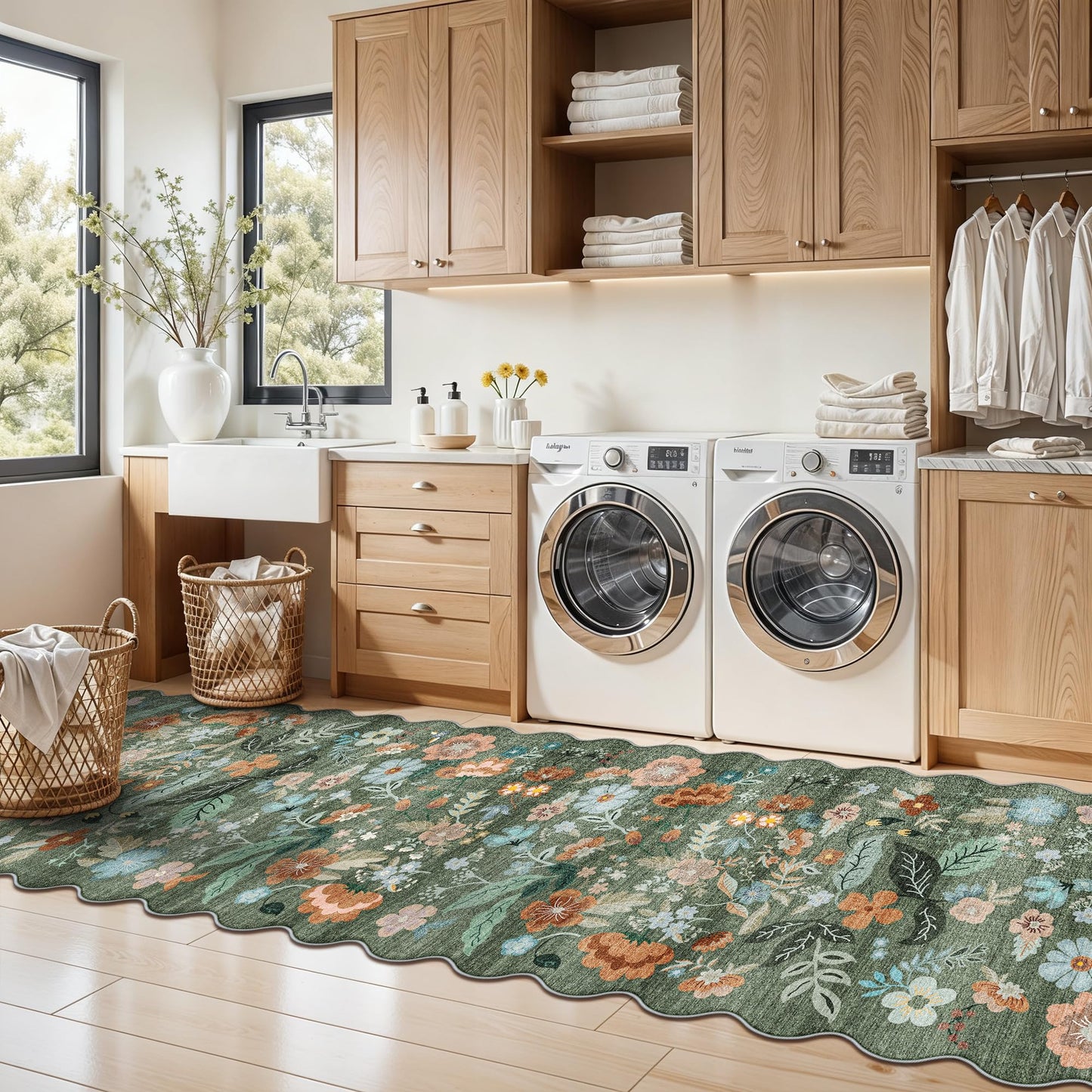 Washable 2x8 Hallway Runner Rug: Water-Resistant Kitchen Rug Soft Bedroom Carpet Non-Slip Indoor Hardwood Floor Mat for Entryway Bathroom Dining Room Boho Decorative Home Decor(2x8, Floral/Green)
