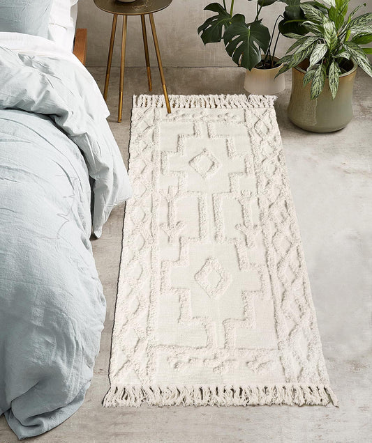 Uphome Boho Bathroom Runner Rug 2' x 4.3', Washable Woven Cotton Bedroom Rug Runners, Beige Aesthetic Tufted Entryway Runner Rugs, Bohemian Tribal Throw Rugs for Bedside Living Room Laundry Kitchen