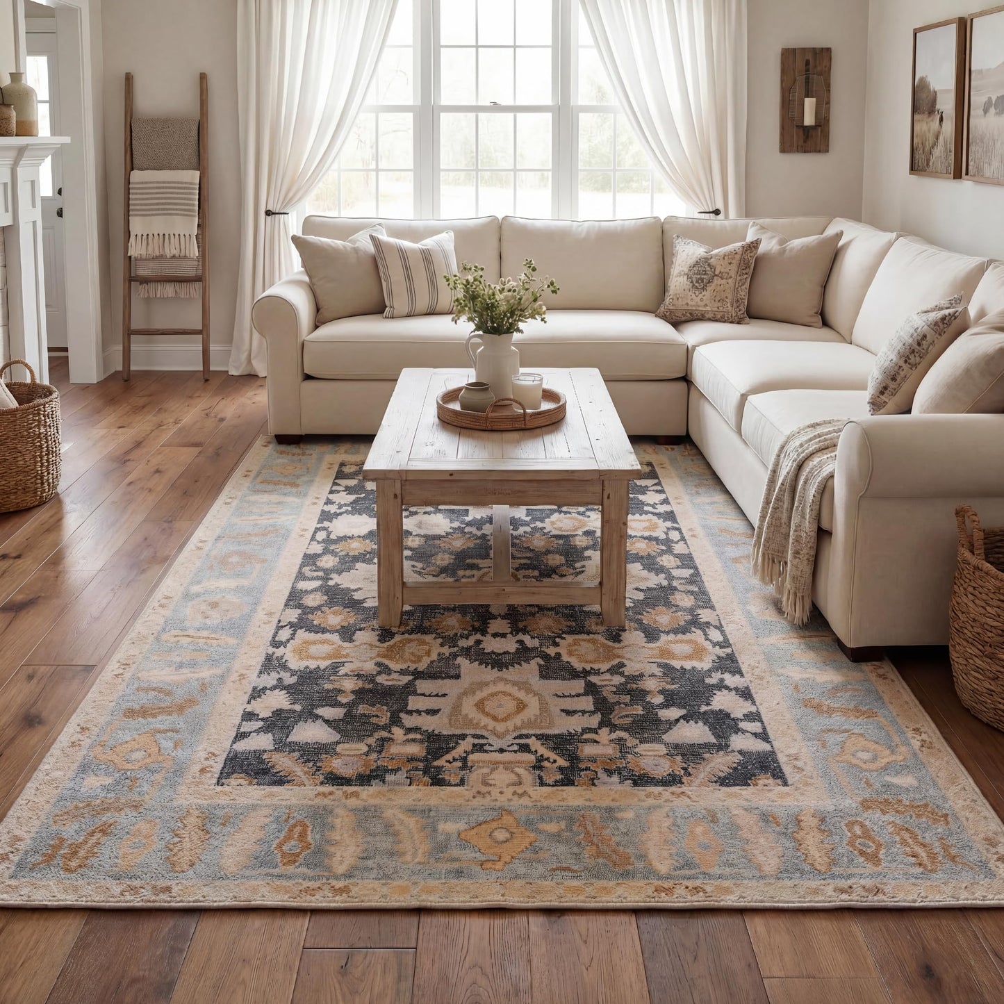 Kuden 6x9 Area Rug, Machine Washable Area Rug with Non-Slip Backing, Vintage Style, Soft, Easy Clean, Low Pile Rug for Living Room, Bedroom, Dining Room