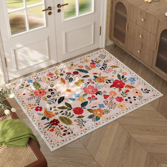 Rugcomf Door Mat Indoor Entrance 2x3 Rug Machine Washable Boho Floral Small Area Rug Non-Slip Low Pile Throw Rugs for Entryway, Kitchen, Front Door Indoor Entrance, Entry, Kids Room (Beige)