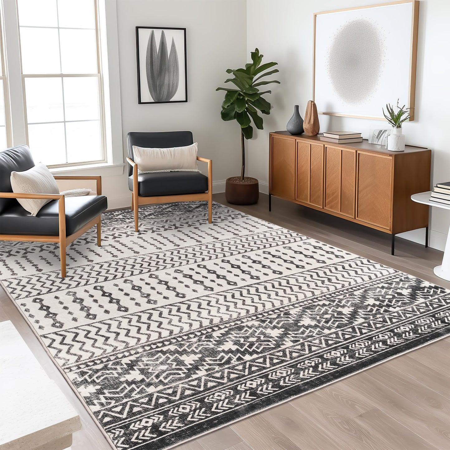 Art&Tuft Area Rug 5x7, Super Soft Ultra-Thin Moroccan Washable Anti-Slip Backing Rugs for Living Room, Foldable, Geometric, Machine Washable (5'x7', Black)